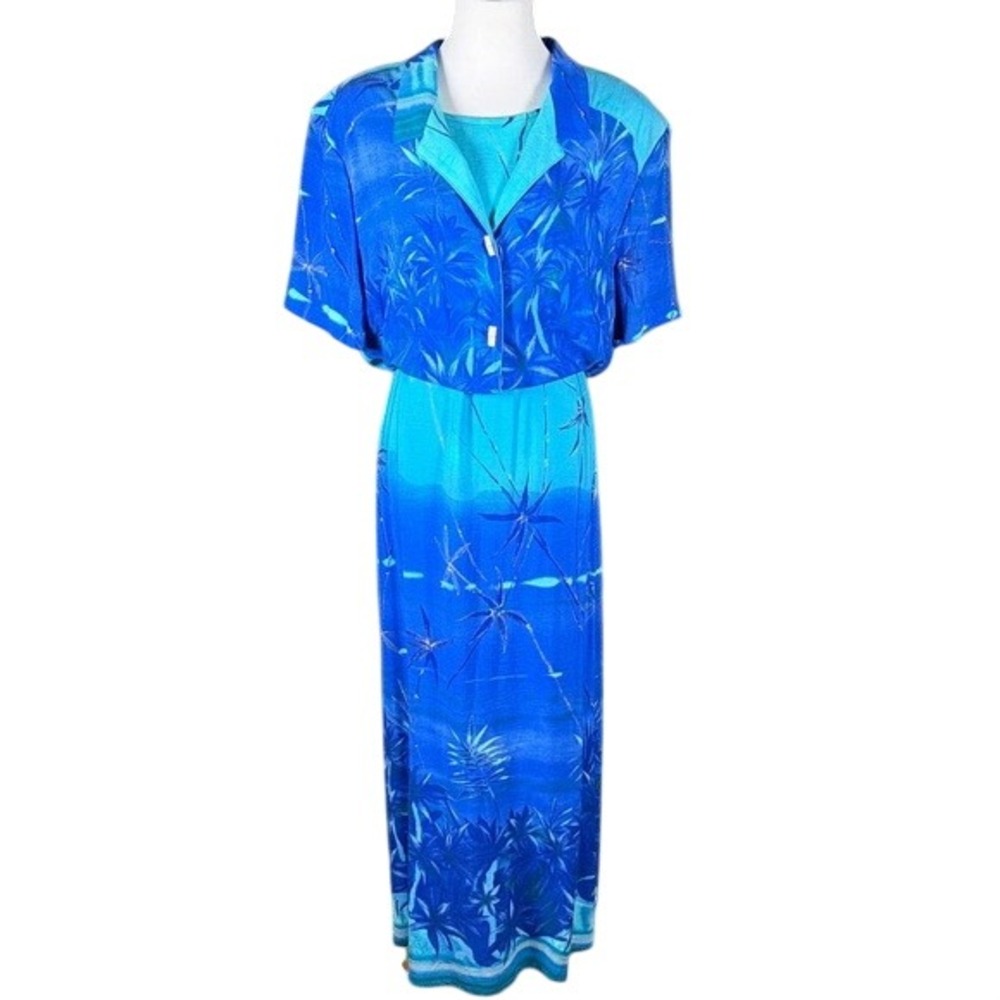 Nina Piccalino Blue Tropical Palm Leaf 2 Piece Maxi Dress Set‎ Jacket B42785MX